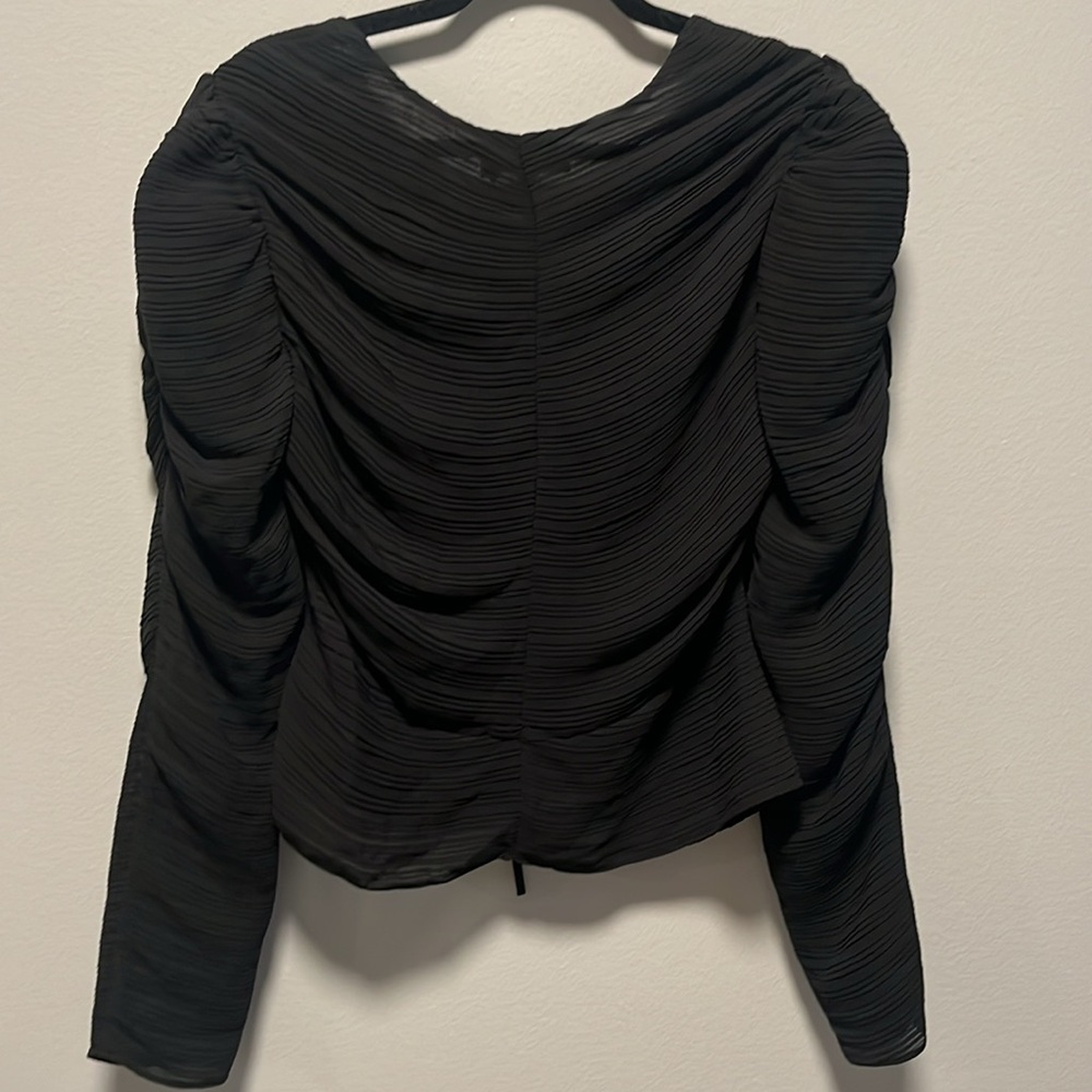 FRAME (NWT) Gathered Keyhole Tie Neck Top, Plissé-Crepe, Size L - Picture 13 of 16